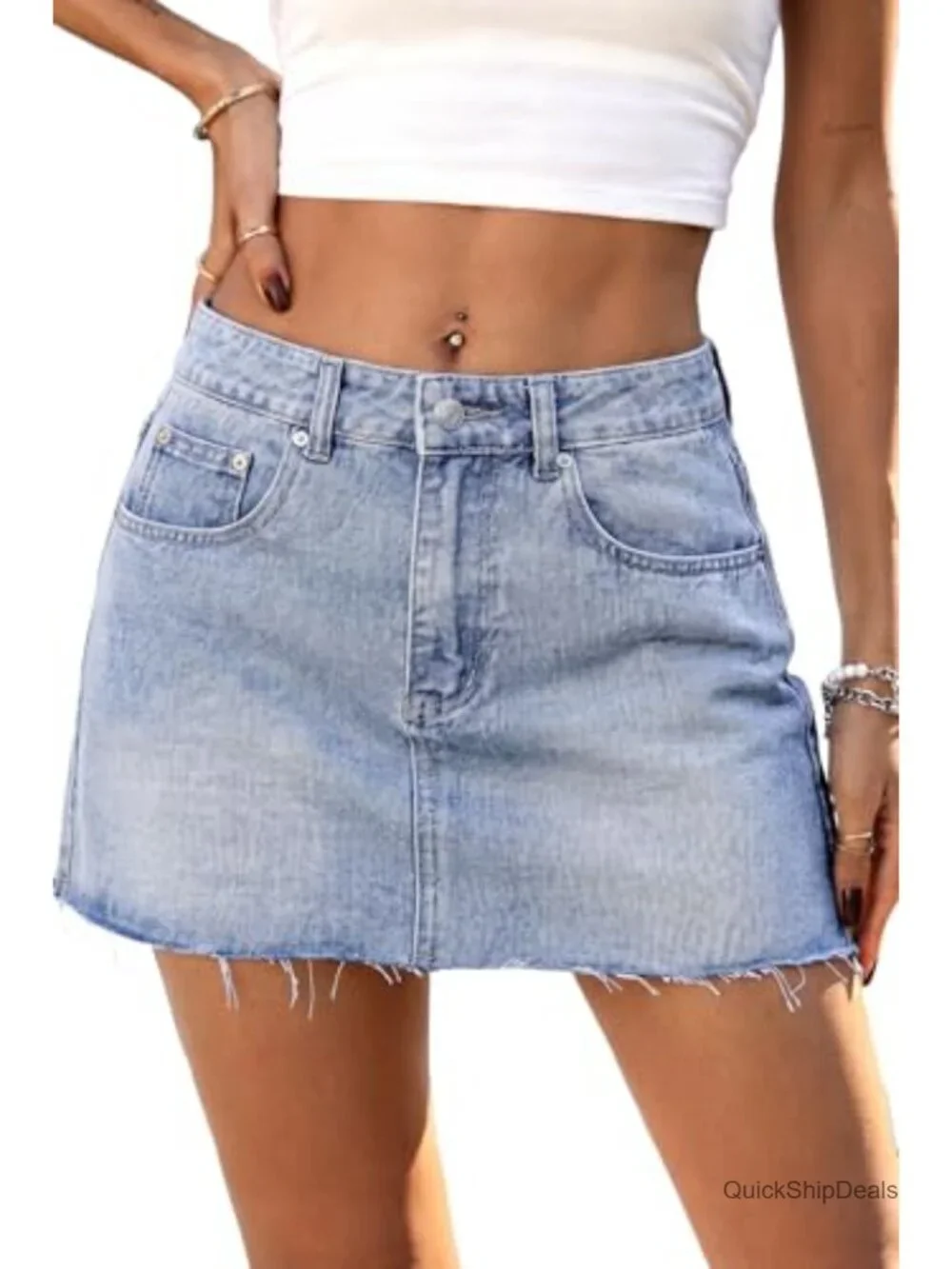 Women's Mini Denim Skirt Low Rise Raw Hem with Pockets